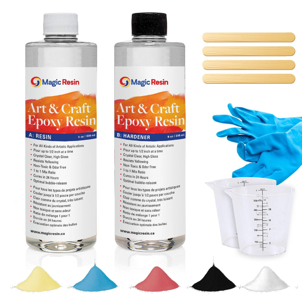 16 Oz (473 ml) | Art & Craft Epoxy Resin Kit | Includes 3 pairs of gloves, 2 cups, 4 sticks & 5 x 5g mica powder bags | Free express shipping - Magic Resin USA